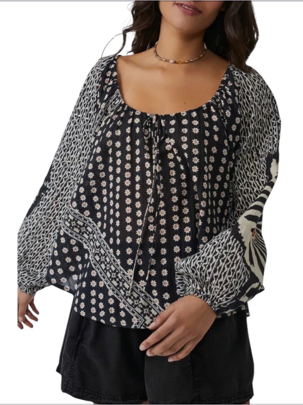 Free People Elena Black Floral Mixed-Print Peasant Blouse XS Excellent Boho